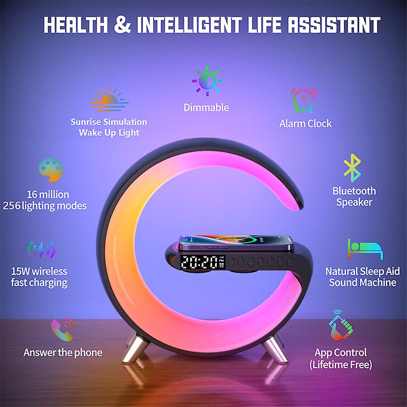 2023 New Wireless Charger Atmosphere Night Light Multi Function Bluetooth Table Lamp Speaker Alarm Clock App Control RGB Desk